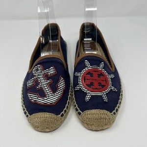 Tory Burch Navy Canvas Espadrilles with Red & Tan Accents